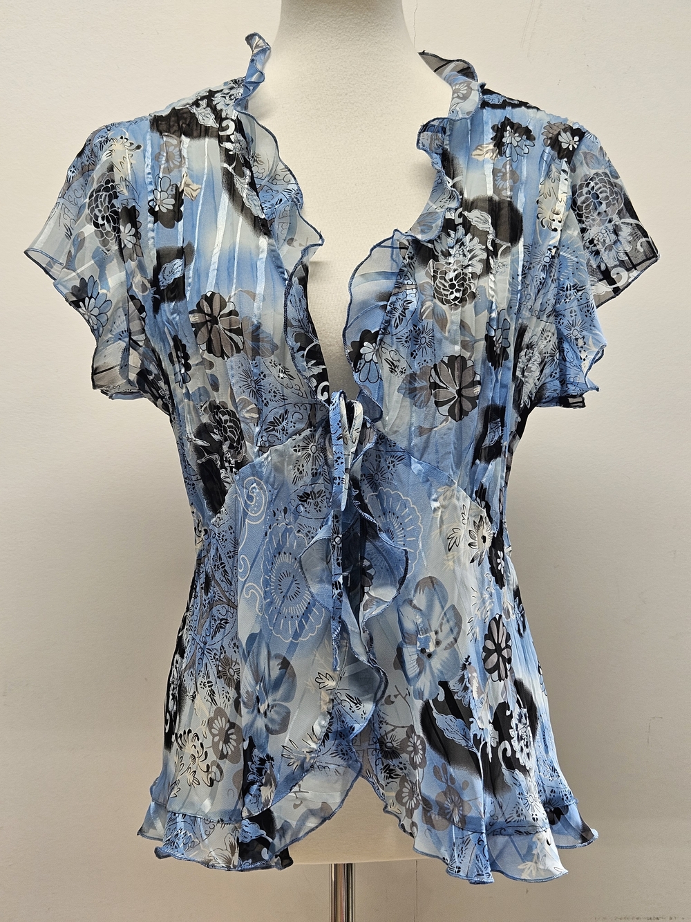 Y2K Floral Sheer Chiffon Ruffle Top Blouse Cap Sleeve Size L Romantic Cottage